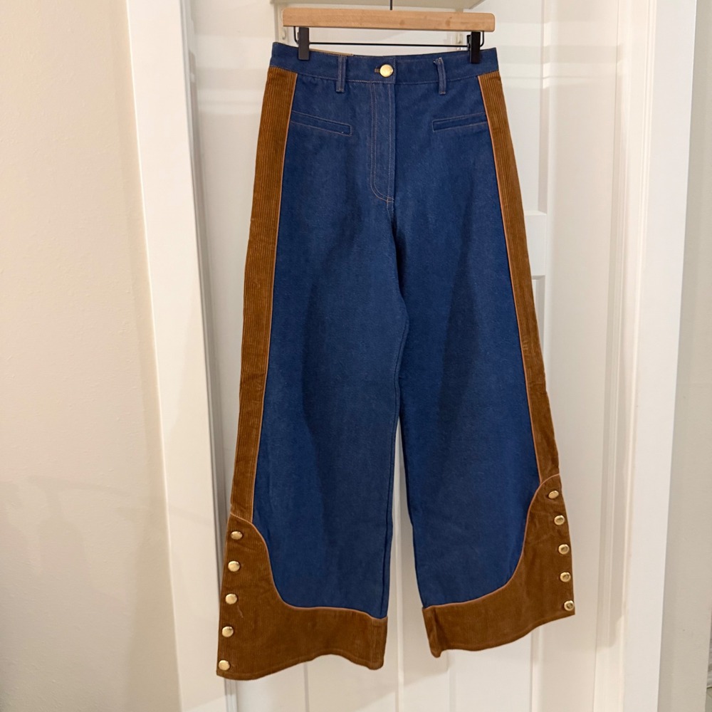 NWT Farm Rio Western Denim Wide Pants Low Waist Blue Brown Corduroy Size 29 NEW